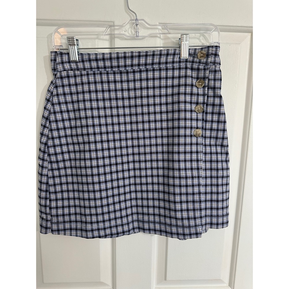 Hollister Plaid Mini Skirt Women's M‎ Blue Black White Button Accent High Rise